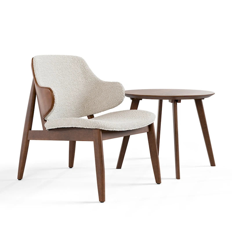 Beck Mid-century 2-Piece Walnut Boucle Wingback Accent Chair and Table Set