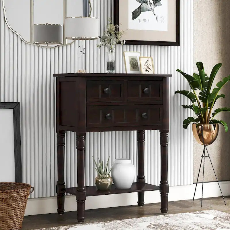 Narrow Slim Esspreso Console Table/Sofa Table with 3 Drawers and 1 Bottom Shelf - 23.7L x 13W x 31.1H