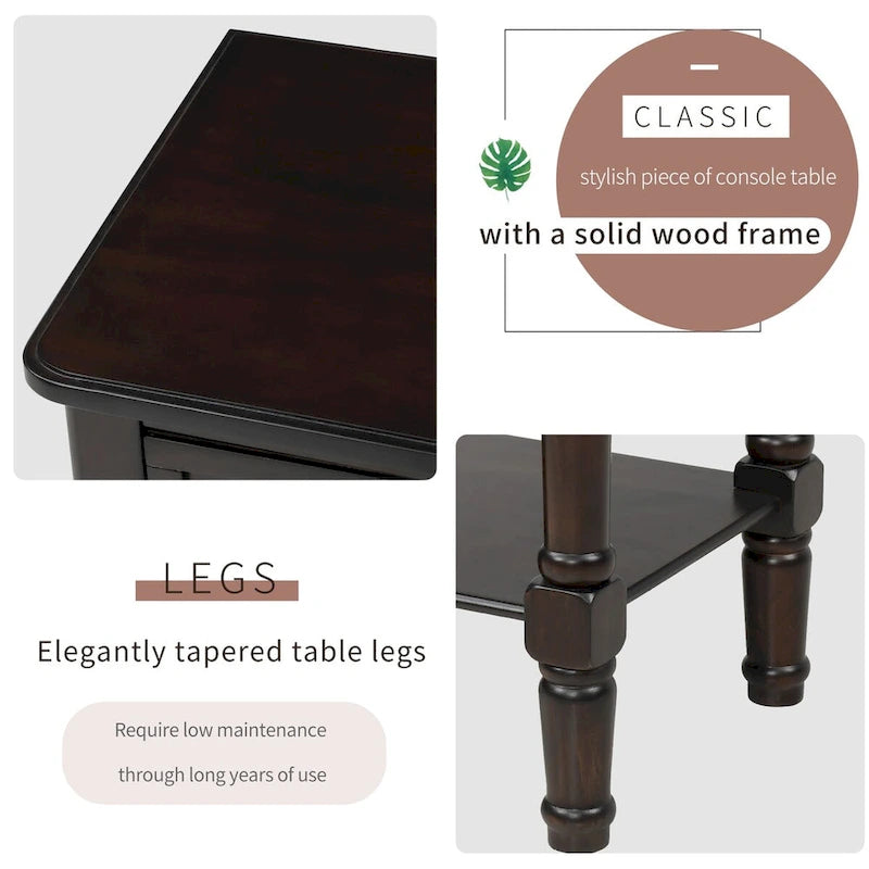 Narrow Slim Esspreso Console Table/Sofa Table with 3 Drawers and 1 Bottom Shelf - 23.7L x 13W x 31.1H