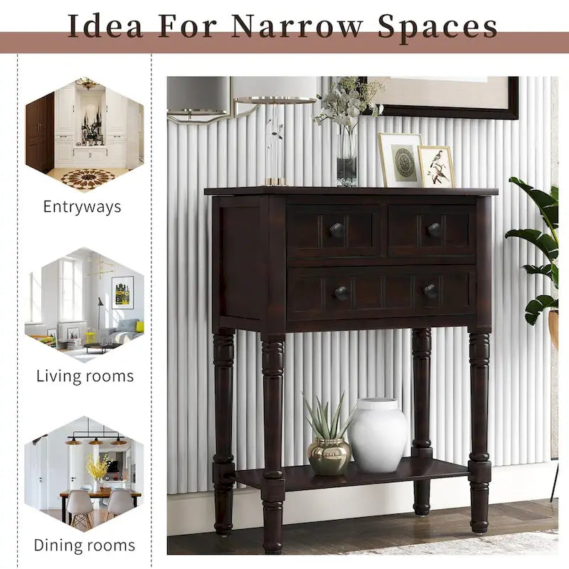 Narrow Slim Esspreso Console Table/Sofa Table with 3 Drawers and 1 Bottom Shelf - 23.7L x 13W x 31.1H