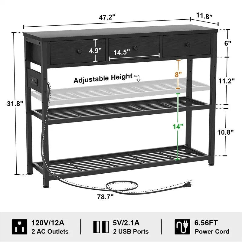 47 Entryway Table with Outlets and USB Ports - 11.8D x 47.2W x 31.8H