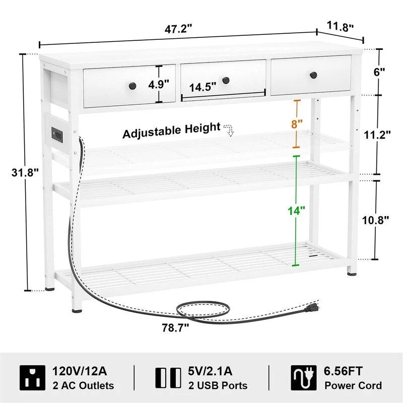 47 Entryway Table with Outlets and USB Ports - 11.8D x 47.2W x 31.8H