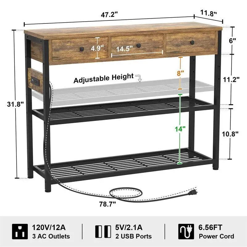 47 Entryway Table with Outlets and USB Ports - 11.8D x 47.2W x 31.8H
