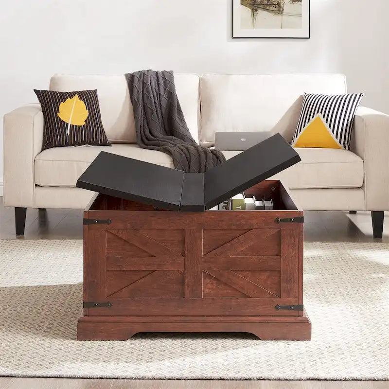 Farmhouse Coffee Table,Square Wood Center Table w/Storage Compartment