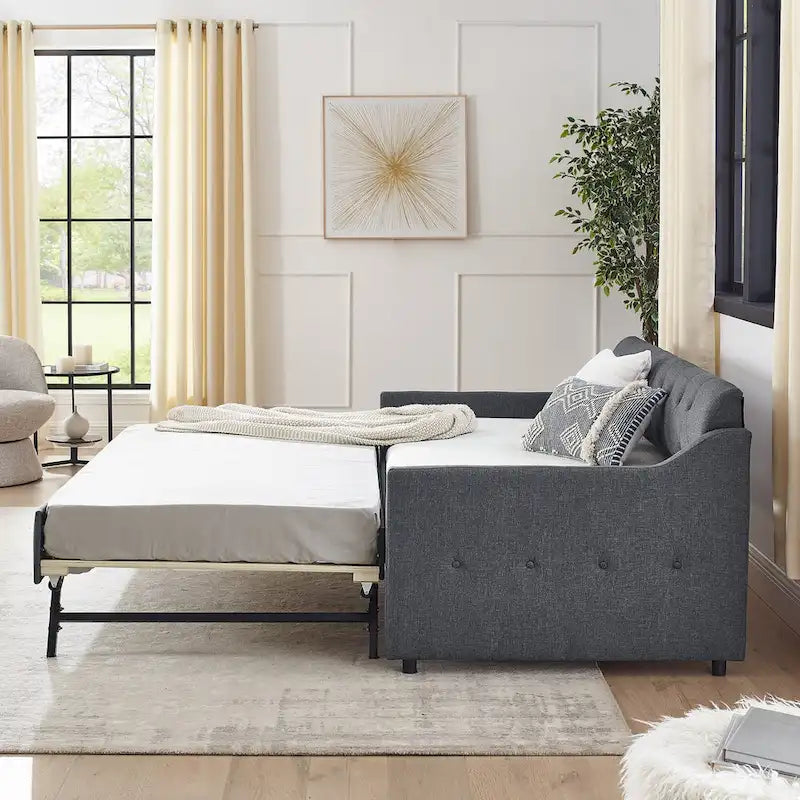 Twin Size Upholstery DayBed with Twin Size Erectable Trundle and USB Charging Design