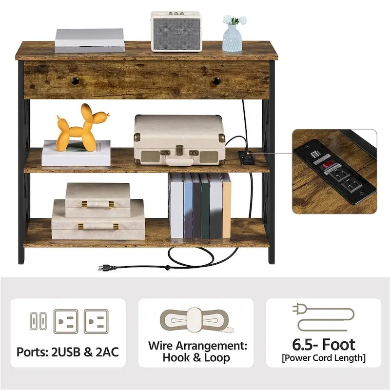 Yaheetech Vintage Wooden Console Table with Power Outlet Sofa Table with 1 Drawer and 2 Open Shelves