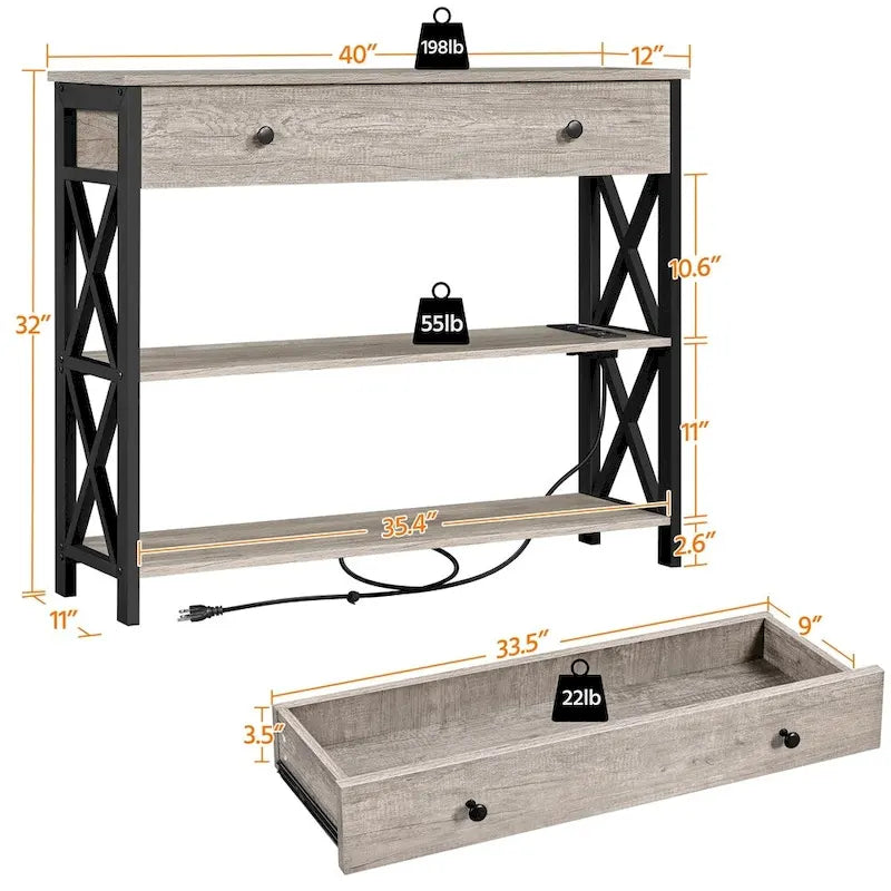 Yaheetech Vintage Wooden Console Table with Power Outlet Sofa Table with 1 Drawer and 2 Open Shelves