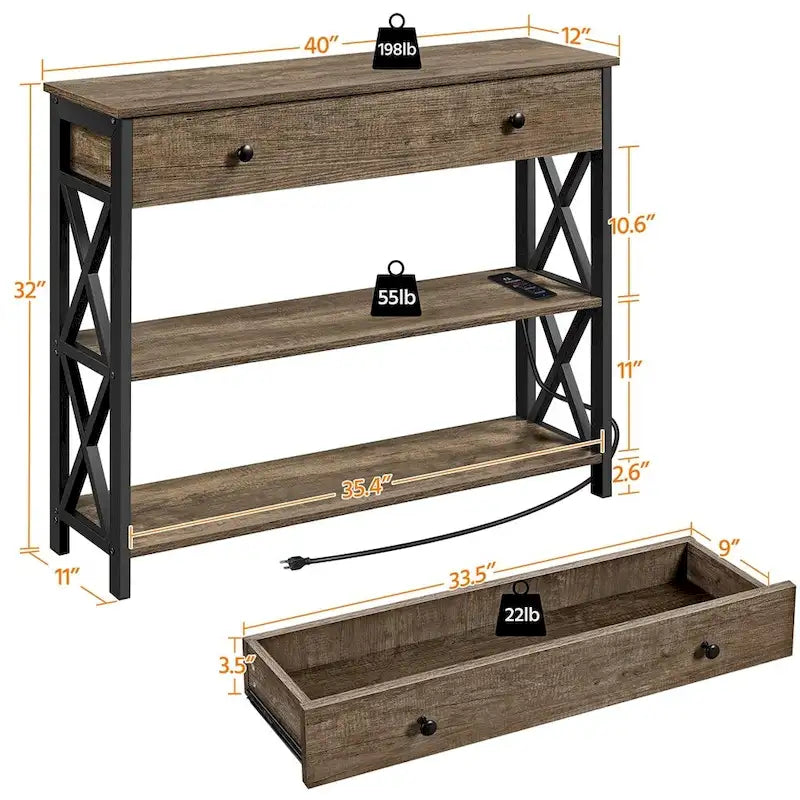 Yaheetech Vintage Wooden Console Table with Power Outlet Sofa Table with 1 Drawer and 2 Open Shelves