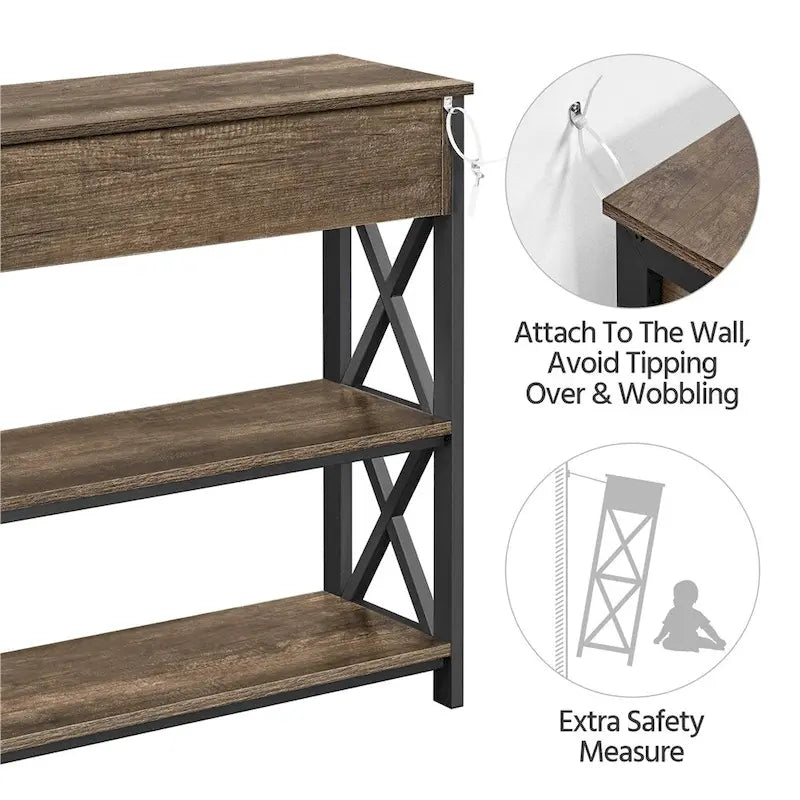 Yaheetech Vintage Wooden Console Table with Power Outlet Sofa Table with 1 Drawer and 2 Open Shelves