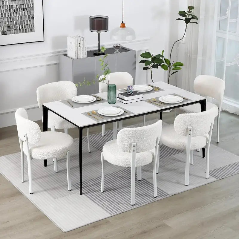 Upholstered Modern Boucle Dining Room Chairs with White Metal Legs