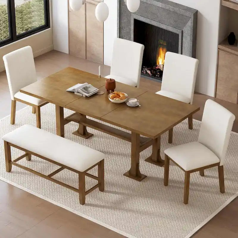 Farmhouse 6 PCS Extending Dining Table Set for 6 with Shelf Base