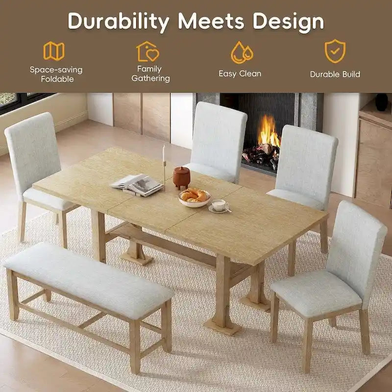 Farmhouse 6 PCS Extending Dining Table Set for 6 with Shelf Base