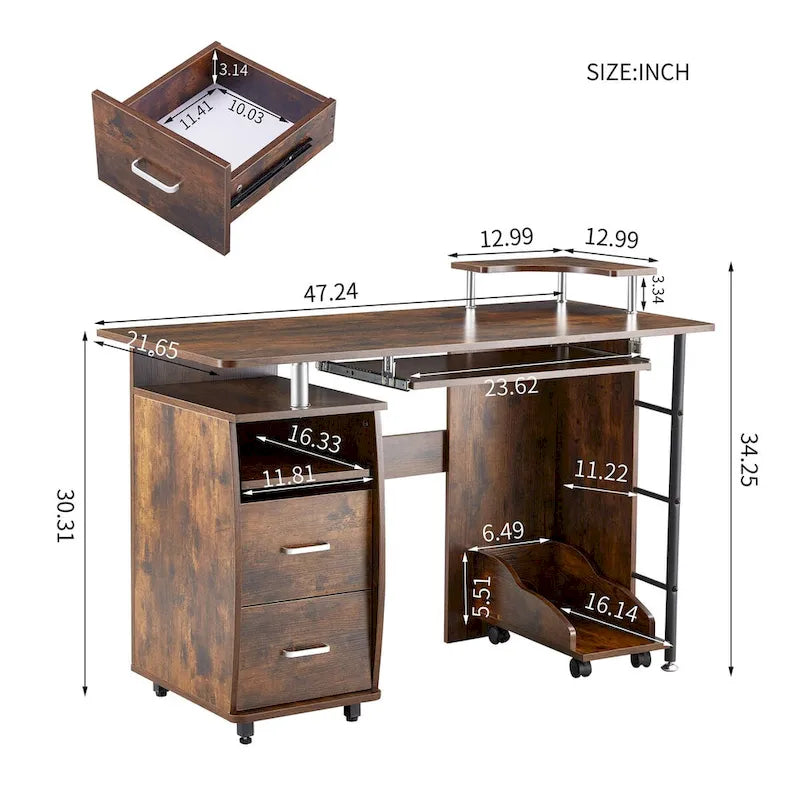 solid wood computer Desk,office table with PC droller,storage shelves and file cabinet,two drawers,CPU tray,a shelf