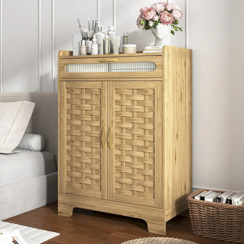 Coffee Bar Cabinet, Modern Farmhouse Buffet Sideboard with Drawer and Adjustable Shelf, Barn Door Storage Cabinet for Kitchen