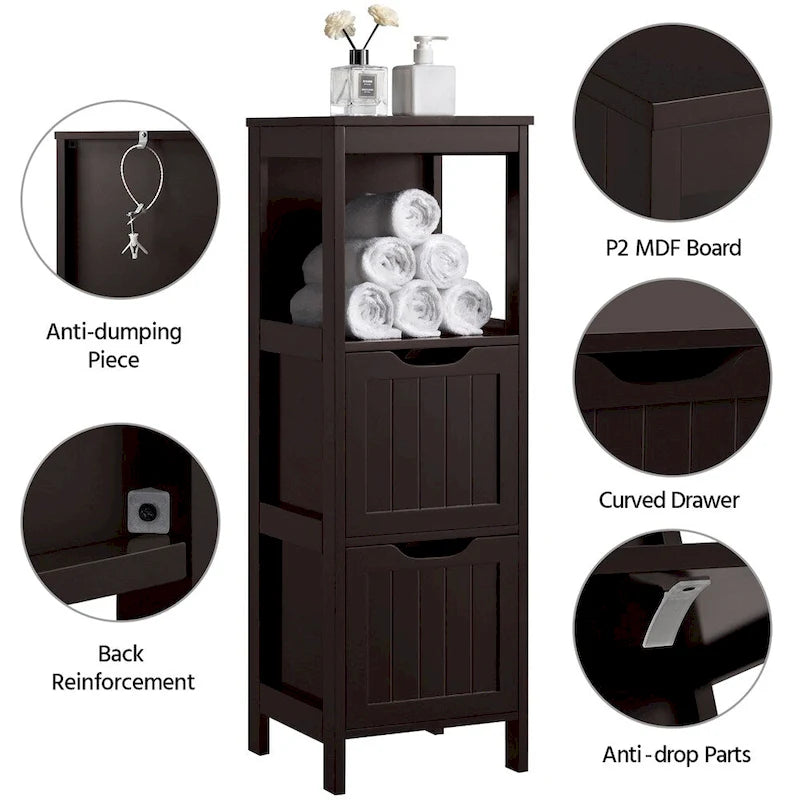 Yaheetech 3 Tiers Floor Bath Cabinet, 2 Hideaway Drawers 1 Shelf