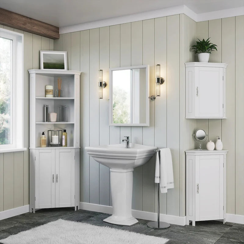 Somerset Tall Corner Bathroom Cabinet Storage Organizer with Doors and an Adjustable Shelf - White