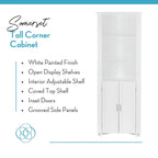 Somerset Tall Corner Bathroom Cabinet Storage Organizer with Doors and an Adjustable Shelf - White