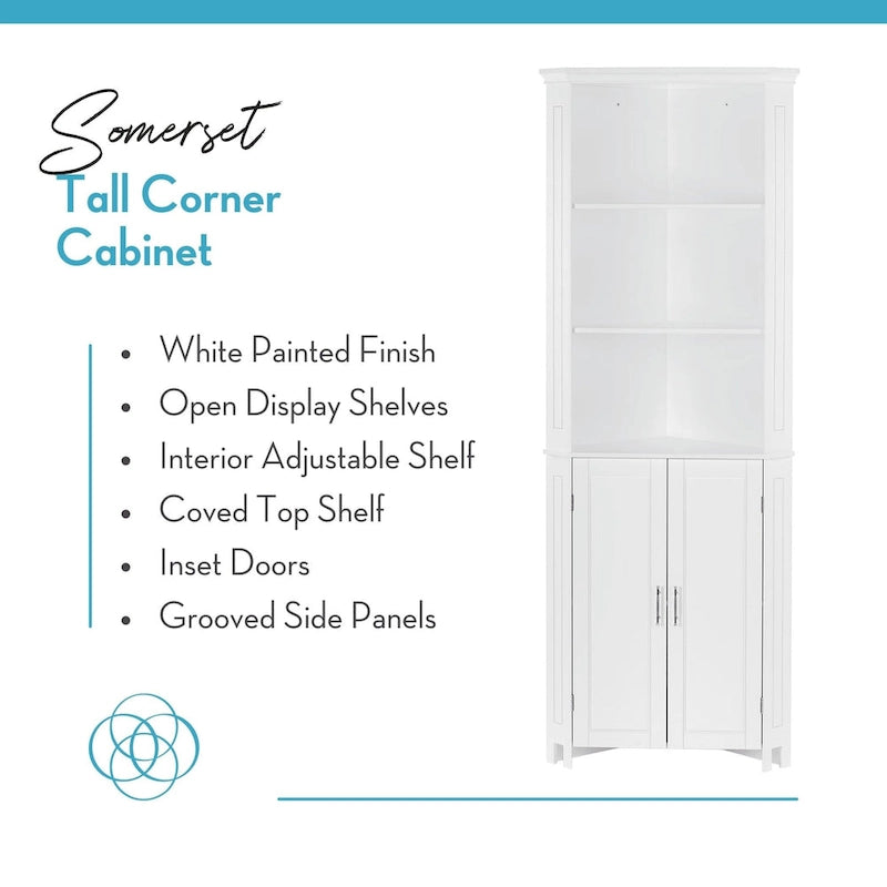 Somerset Tall Corner Bathroom Cabinet Storage Organizer with Doors and an Adjustable Shelf - White
