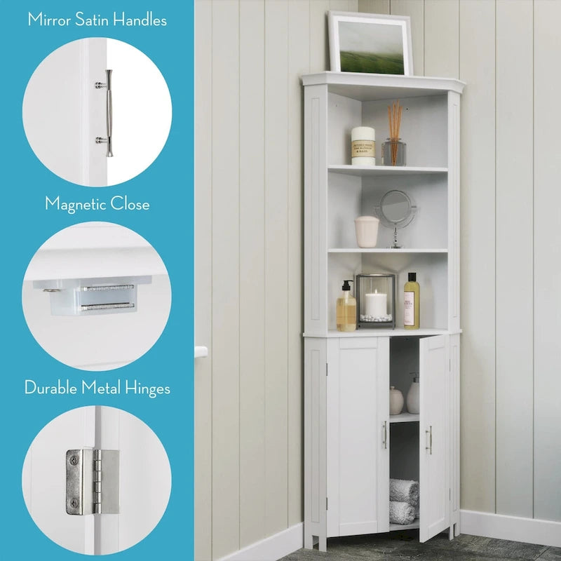 Somerset Tall Corner Bathroom Cabinet Storage Organizer with Doors and an Adjustable Shelf - White