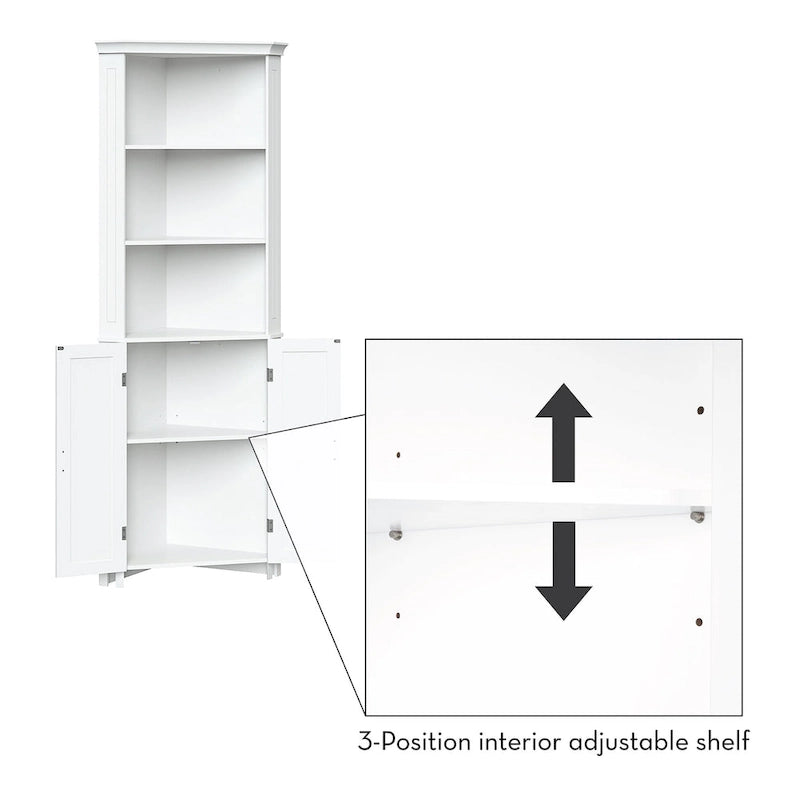 Somerset Tall Corner Bathroom Cabinet Storage Organizer with Doors and an Adjustable Shelf - White