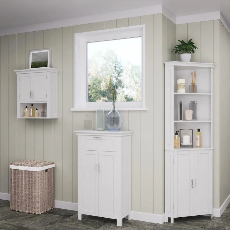 Somerset Tall Corner Bathroom Cabinet Storage Organizer with Doors and an Adjustable Shelf - White