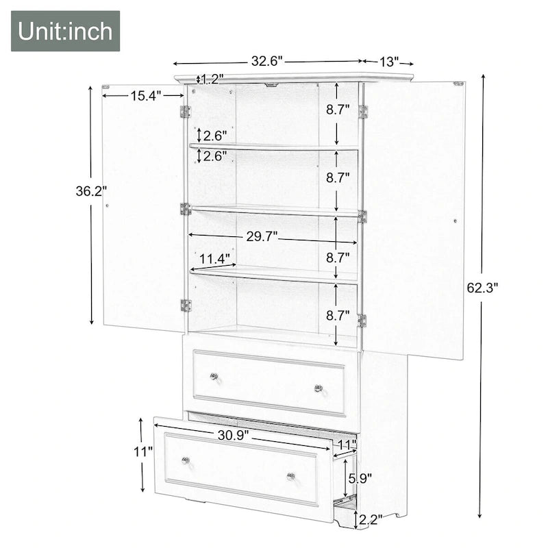 Tall Bathroom Storage Cabinet with Two Doors and Drawers