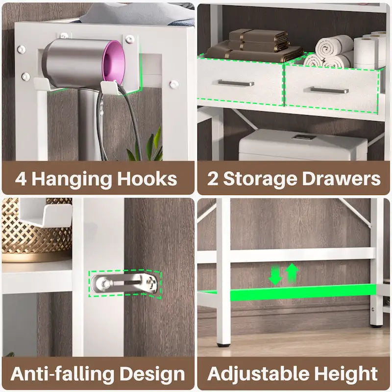 31 W Over the Toilet Storage Shelf with 2 Drawers and 4 Hooks for Restroom and Laundry