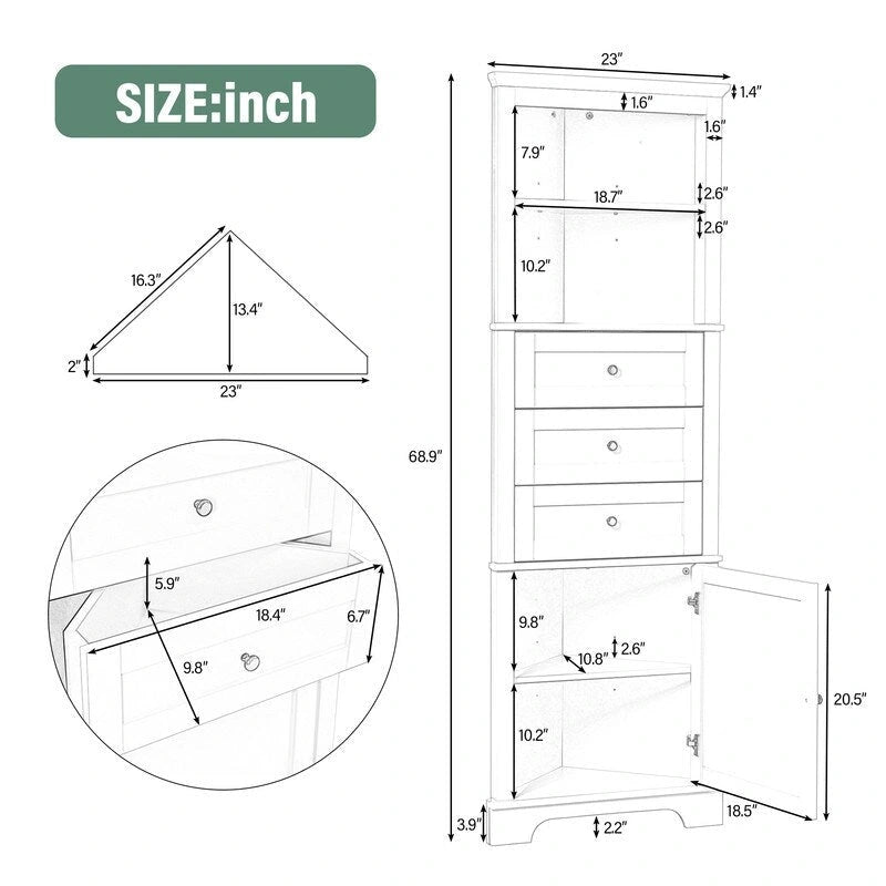 Triangle Tall Cabinet with Drawers and Adjustable Shelves