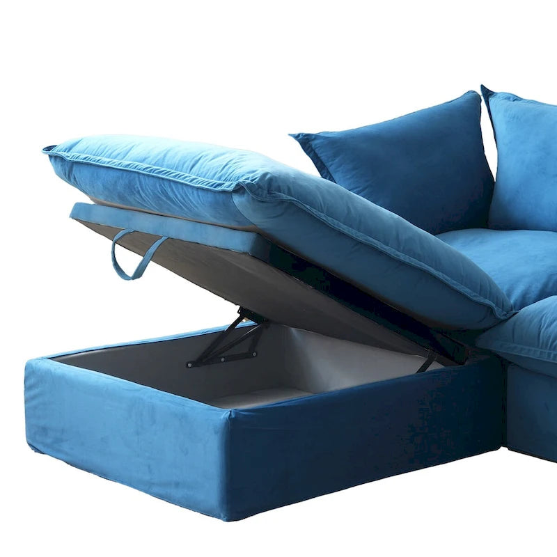U-shaped Velvet Cloud Sectional Sofa, Down Feather Wide Deep Seat Convertible Couch with 2 Storage Ottomans.