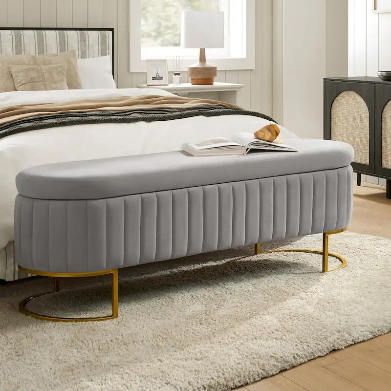 Sara Mid-Century Modern Upholstered Storage Bench Internal Grid With Metal Legs by HULALA HOME