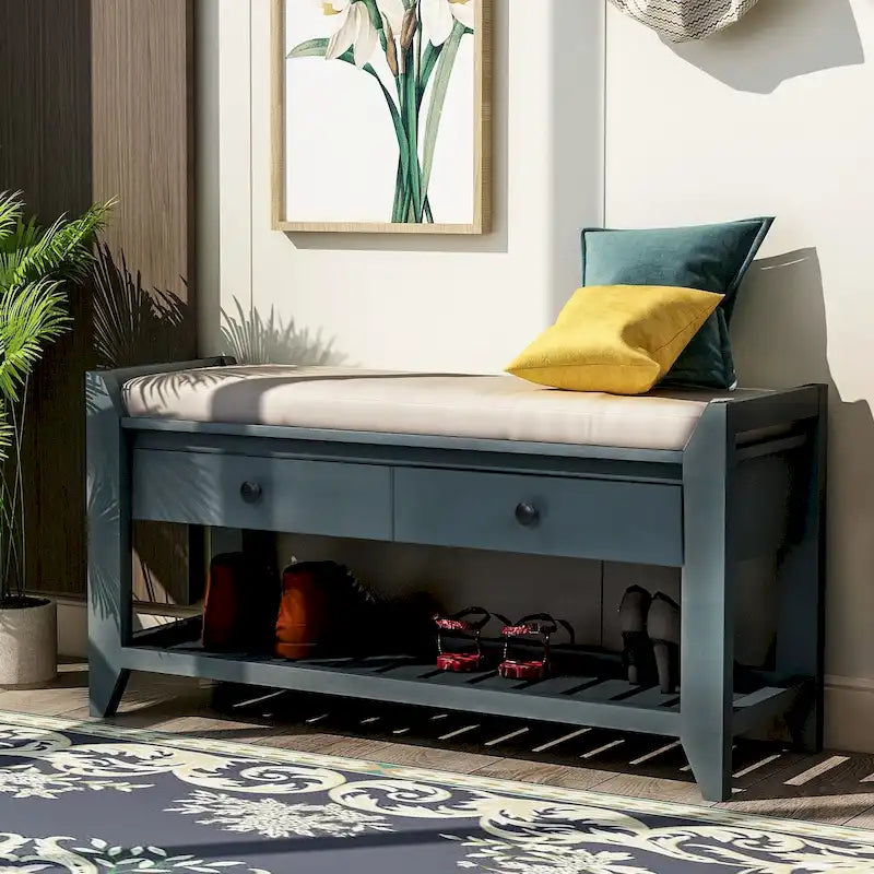 Shoe Rack with Cushioned Seat and Drawers, Multipurpose Entryway Storage Bench