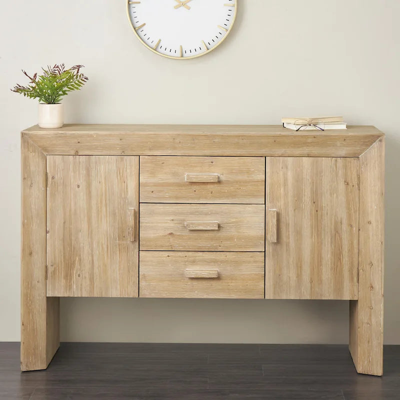 Wood Storage Cabinet 2 Door and 3 Drawer Sideboard with Natural Wood Grains - Brown - Roche River Decor