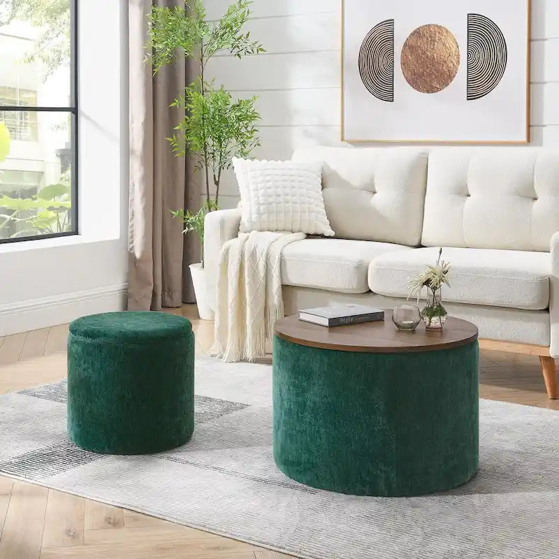 2-Piece Set Round Chenille Storage Ottoman, Equipped with a Drum Shaped Small Stool, Storage Space, and MDF Made Desktop Panel