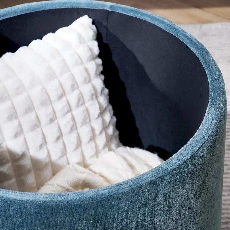 2-Piece Set Round Chenille Storage Ottoman, Equipped with a Drum Shaped Small Stool, Storage Space, and MDF Made Desktop Panel