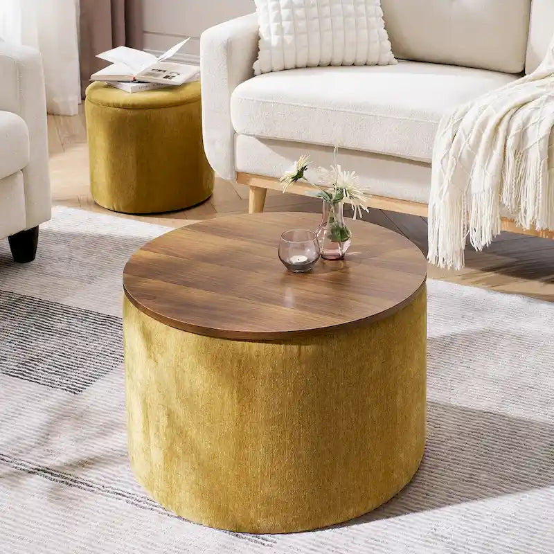 2-Piece Set Round Chenille Storage Ottoman, Equipped with a Drum Shaped Small Stool, Storage Space, and MDF Made Desktop Panel