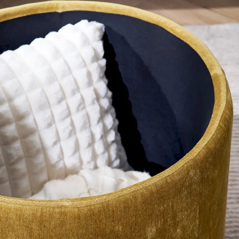2-Piece Set Round Chenille Storage Ottoman, Equipped with a Drum Shaped Small Stool, Storage Space, and MDF Made Desktop Panel