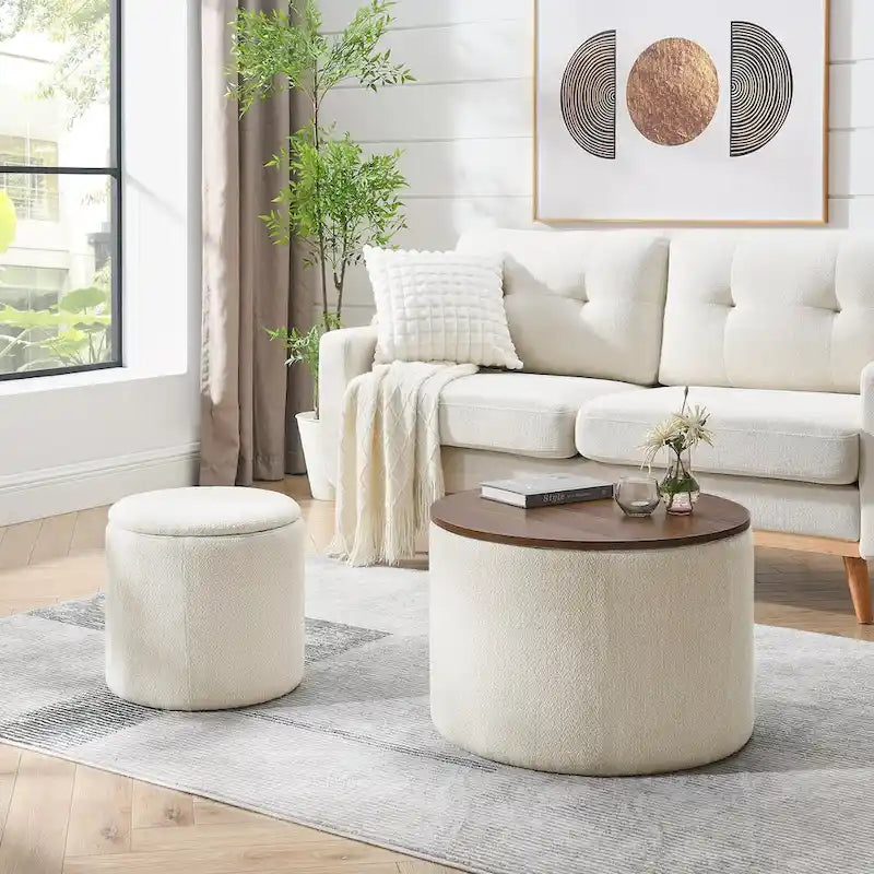 2-Piece Set Round Chenille Storage Ottoman, Equipped with a Drum Shaped Small Stool, Storage Space, and MDF Made Desktop Panel