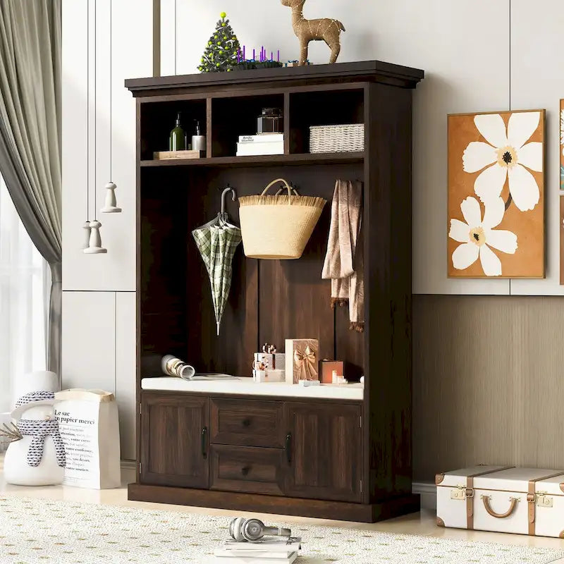Classic Hall Tree with 3 Hooks,Coat Hanger,Storage Bench for Entrance,Hallway