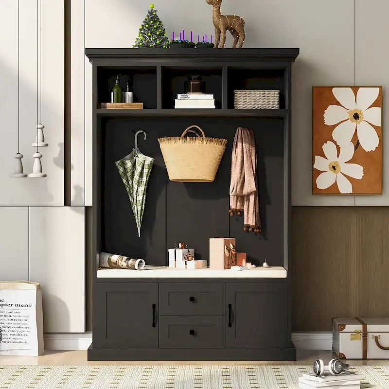Classic Hall Tree with 3 Hooks,Coat Hanger,Storage Bench for Entrance,Hallway