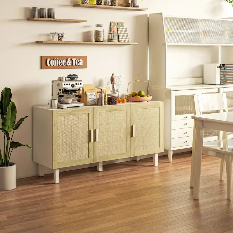Sideboard Buffet Cabinet, Kitchen Cabinet, Coffee Bar Cabinet with 3 Rattan Doors and Adjustable Shelves