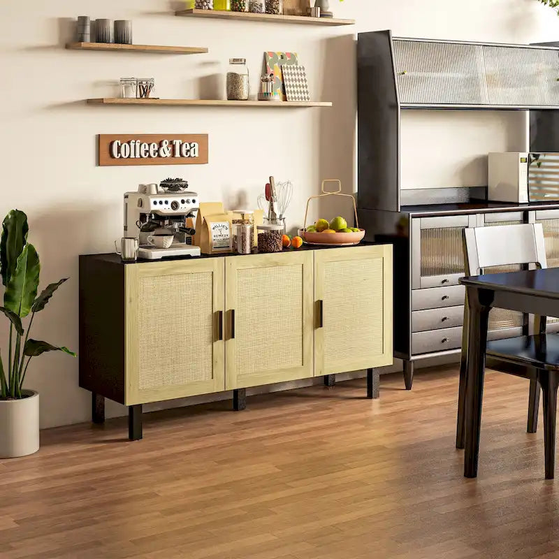 Sideboard Buffet Cabinet, Kitchen Cabinet, Coffee Bar Cabinet with 3 Rattan Doors and Adjustable Shelves