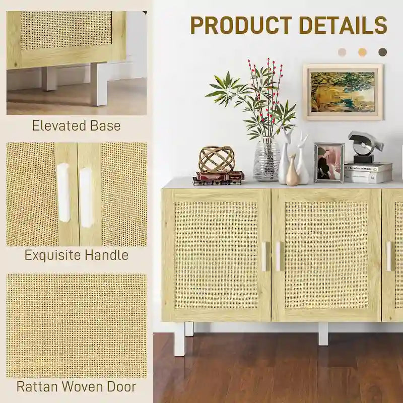 Sideboard Buffet Cabinet, Kitchen Cabinet, Coffee Bar Cabinet with 3 Rattan Doors and Adjustable Shelves