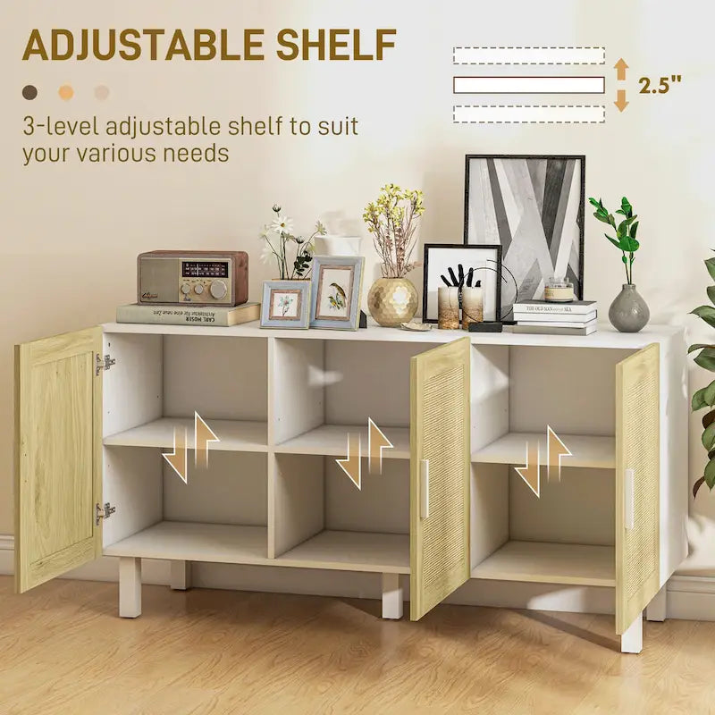 Sideboard Buffet Cabinet, Kitchen Cabinet, Coffee Bar Cabinet with 3 Rattan Doors and Adjustable Shelves