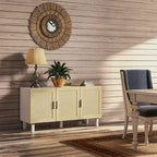 Sideboard Buffet Cabinet, Kitchen Cabinet, Coffee Bar Cabinet with 3 Rattan Doors and Adjustable Shelves