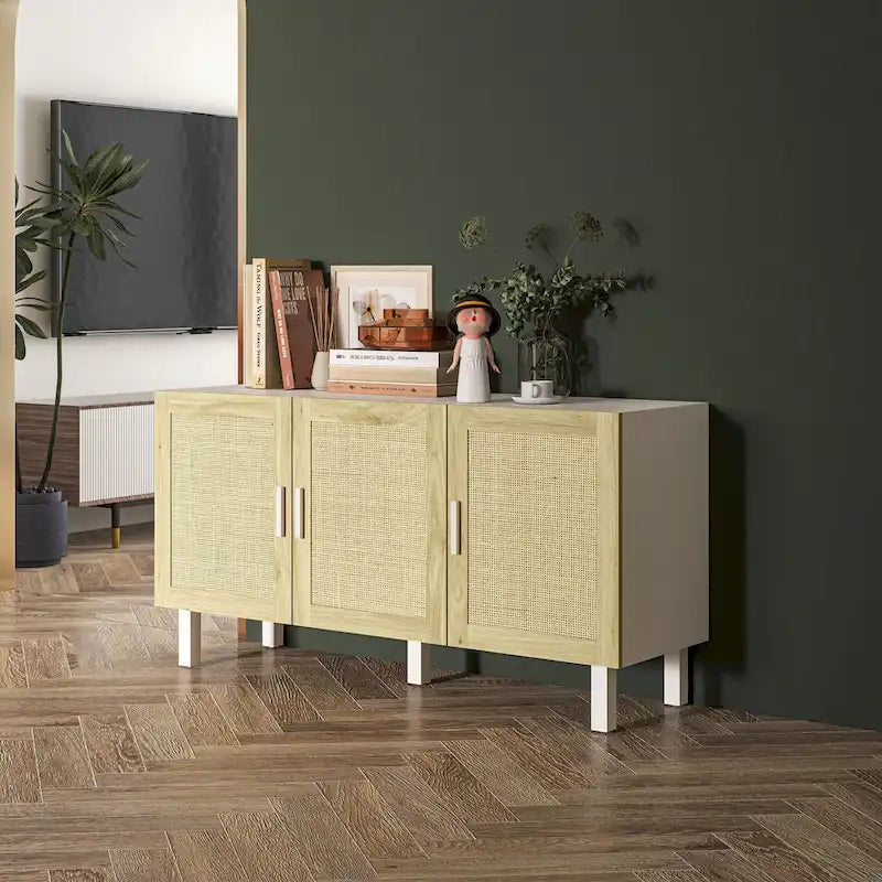 Sideboard Buffet Cabinet, Kitchen Cabinet, Coffee Bar Cabinet with 3 Rattan Doors and Adjustable Shelves