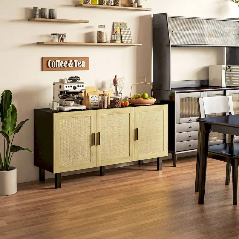 Sideboard Buffet Cabinet, Kitchen Cabinet, Coffee Bar Cabinet with 3 Rattan Doors and Adjustable Shelves