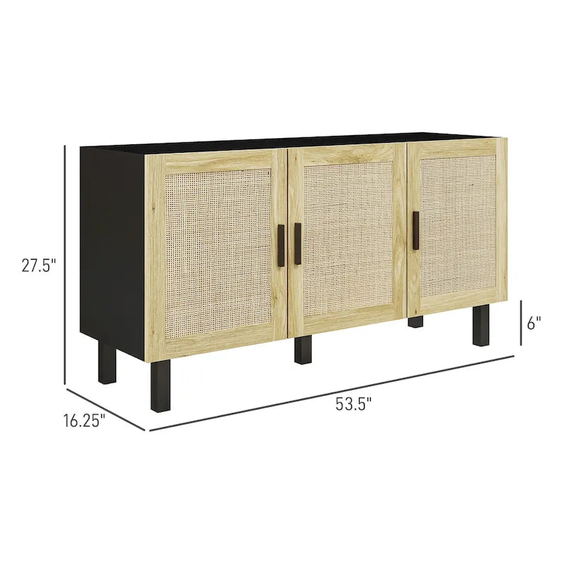 Sideboard Buffet Cabinet, Kitchen Cabinet, Coffee Bar Cabinet with 3 Rattan Doors and Adjustable Shelves