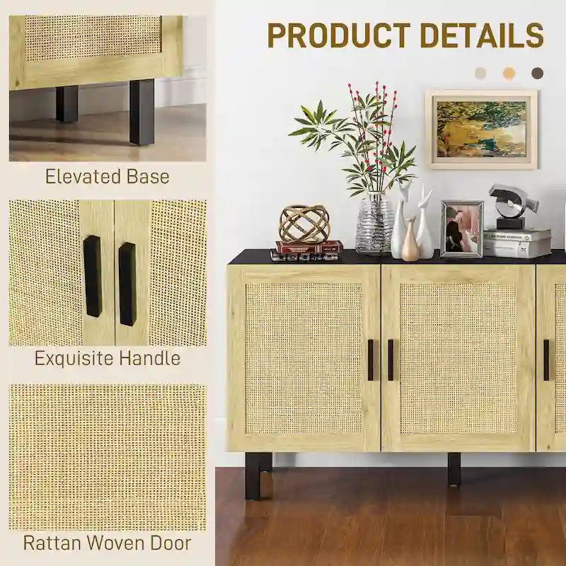 Sideboard Buffet Cabinet, Kitchen Cabinet, Coffee Bar Cabinet with 3 Rattan Doors and Adjustable Shelves