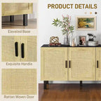 Sideboard Buffet Cabinet, Kitchen Cabinet, Coffee Bar Cabinet with 3 Rattan Doors and Adjustable Shelves