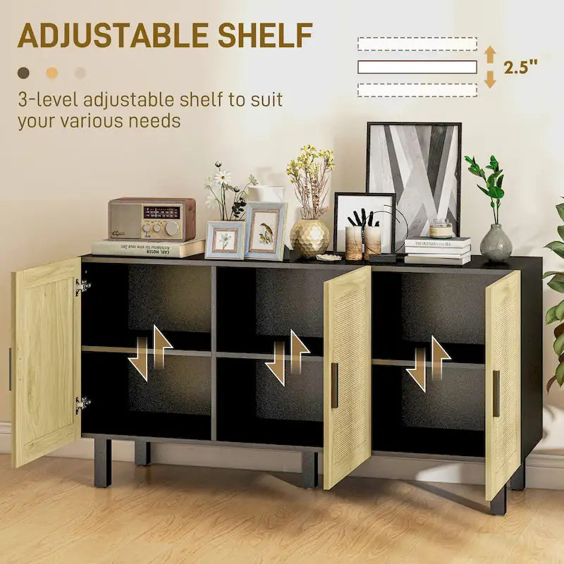Sideboard Buffet Cabinet, Kitchen Cabinet, Coffee Bar Cabinet with 3 Rattan Doors and Adjustable Shelves